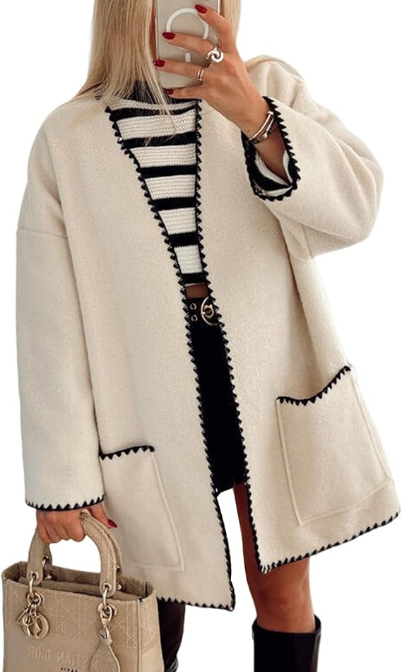 Wyeysyt Womens Embroidered Wool Blend Jacket Oversized Cardigan Mid Long Trench Coat Outerwear wi... | Amazon (US)