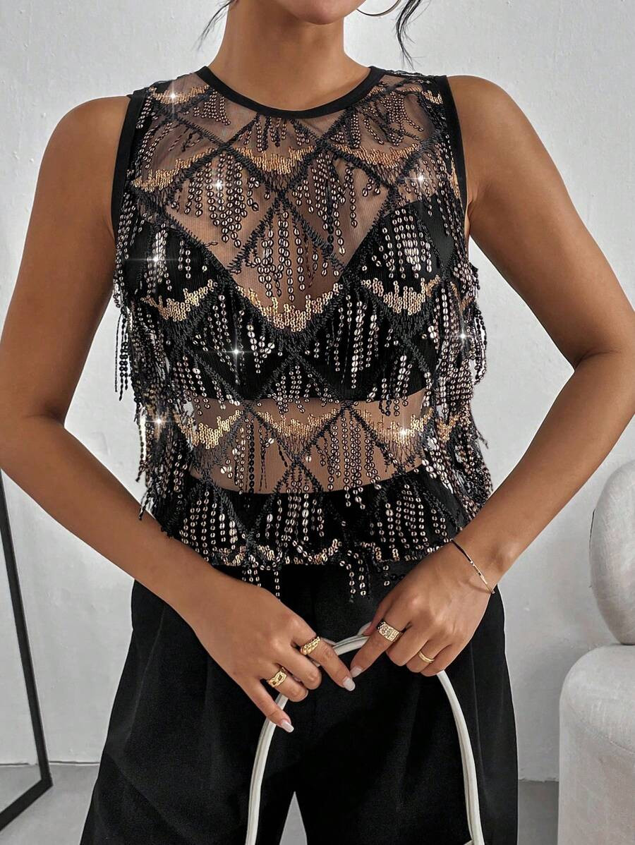 Siren Gaze Women's Casual Music Festival Mesh See-Through Sequin Cropped Tank Top,See Through Top... | SHEIN