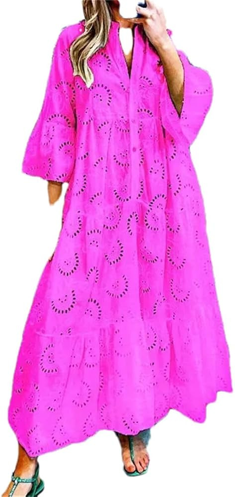 Adhdyuud Women V-Neck Flare Sleeve Long Dresses Spring Casual Solid Hollow Out Large Swing Dress | Amazon (US)