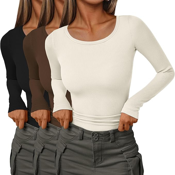 Ekouaer Womens Long Sleeve Shirts 3 Packs Scoop Neck Ribbed Tops Fitted Thermal Undershirt Soft L... | Amazon (US)