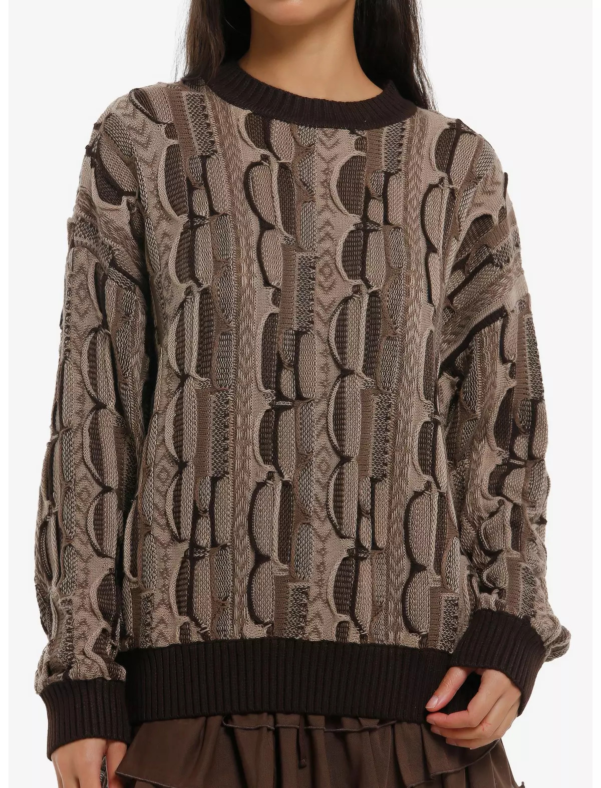Brown Destructed Patchwork Girls Knit Sweater | Hot Topic | Hot Topic