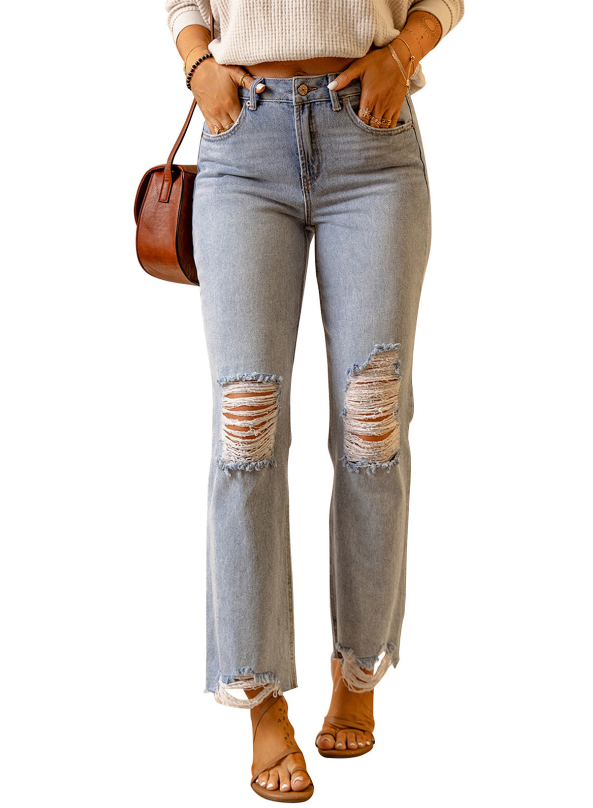 Arainlo Women Casual High Waist Ripped Slim Fit  Jeans Boyfriend Style Fashion Raw Hem Distressed... | Walmart (US)