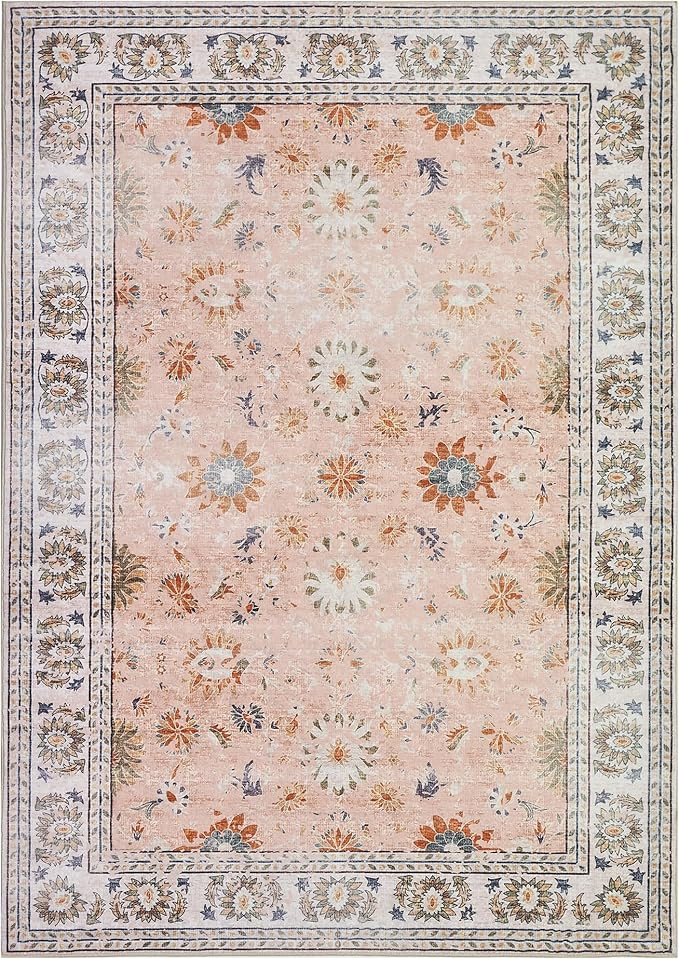 BRICHOEE Vintage Machine Washable Area Rug 5x7 Pink/Multi Low-Pile Indoor Floral Print Carpet Non... | Amazon (US)