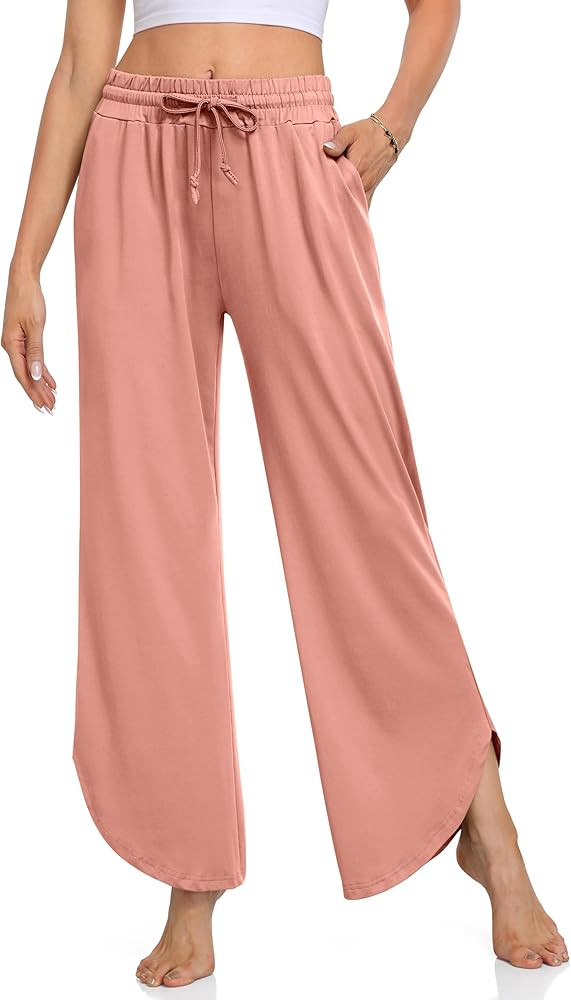UEU Womens Wide Leg Pants High Waist Drawstring Yoga Pants Casual Loose Lounge Pants with Pockets | Amazon (US)