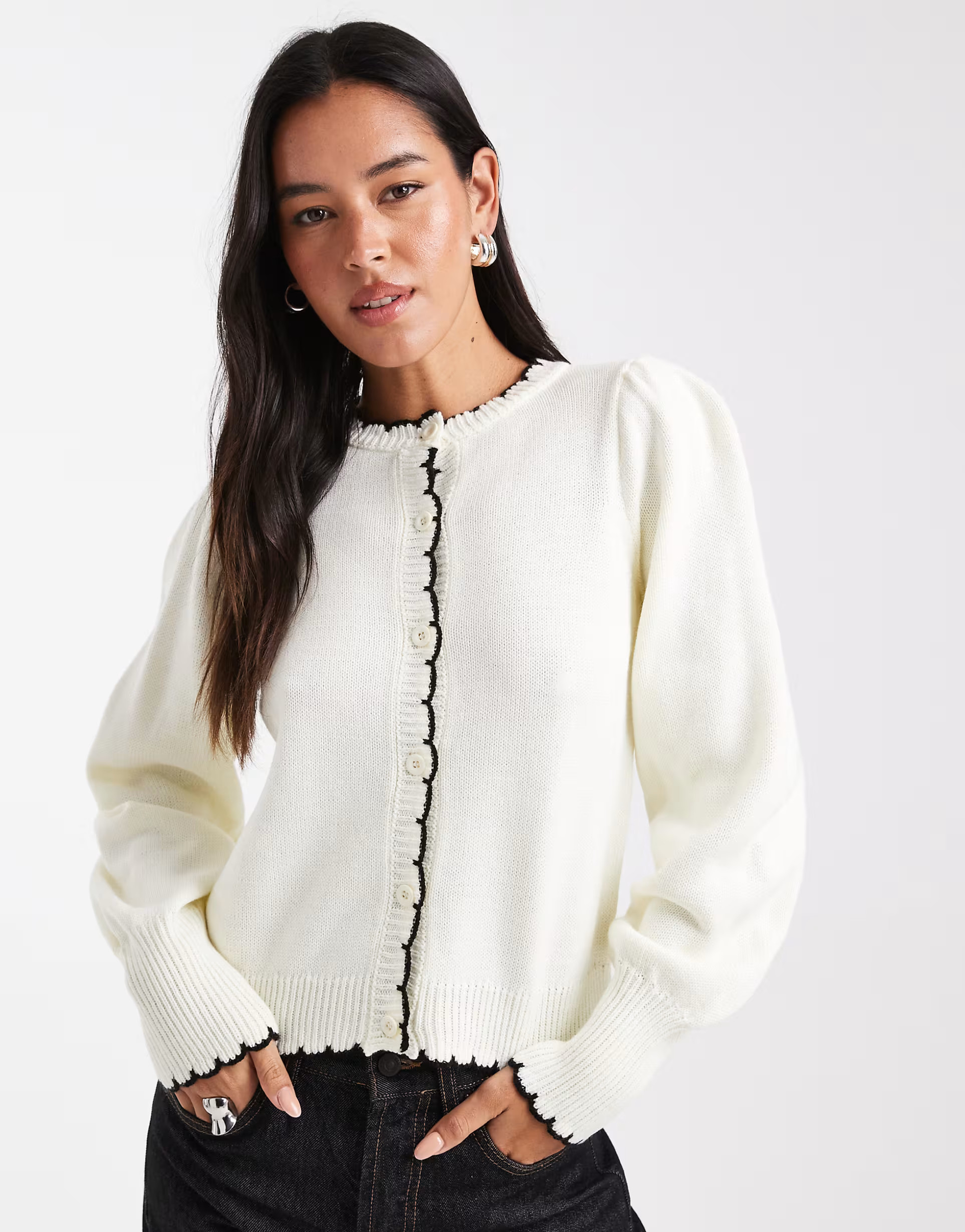 Miss Selfridge puff sleeve blanket stitch cardigan in cream | ASOS (Global)