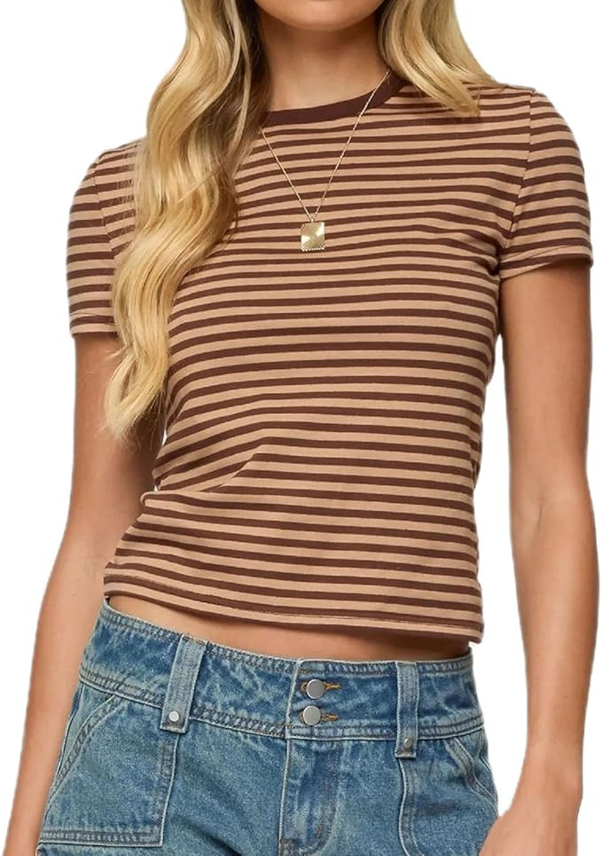 Women Striped Shirt Short Sleeve Crew Neck Baby Tees Y2k Going Out Crop Top Streetwear | Amazon (US)