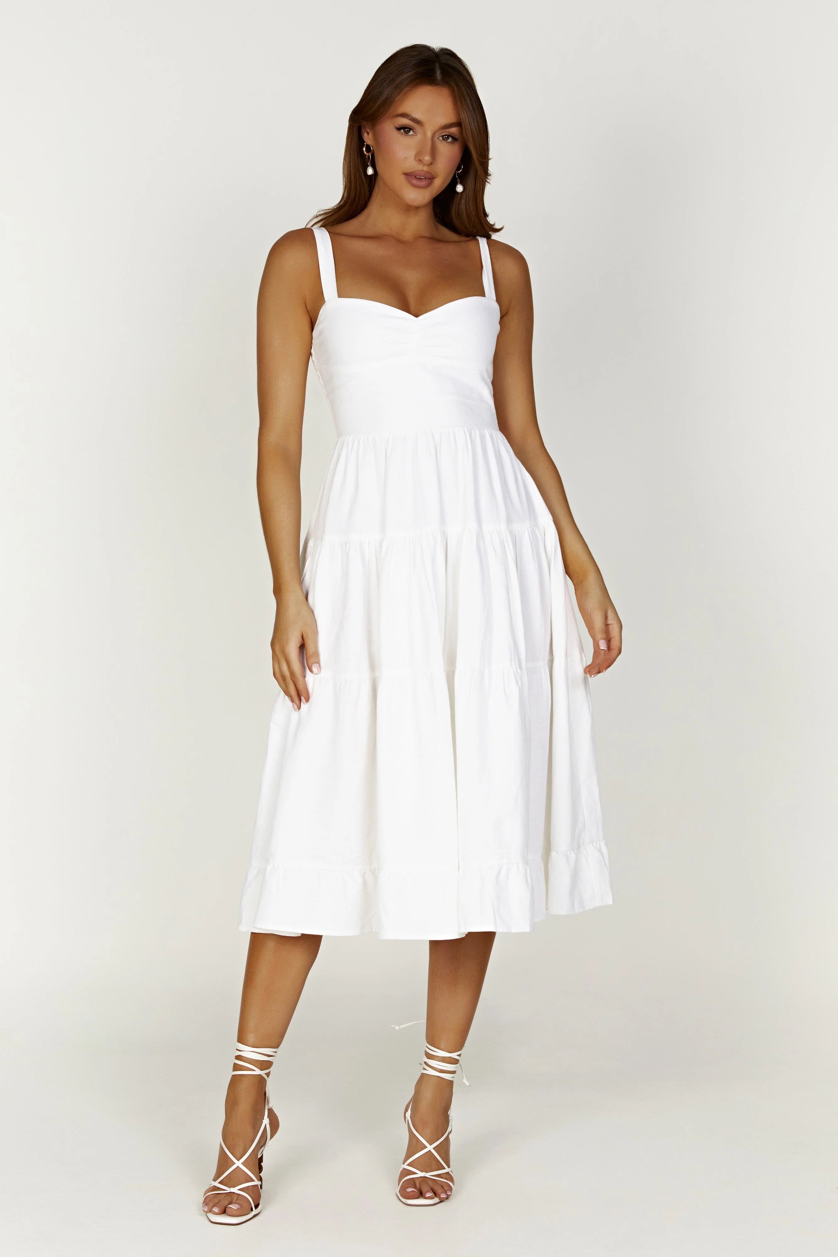 Adriana Linen Midi Dress - White | MESHKI US