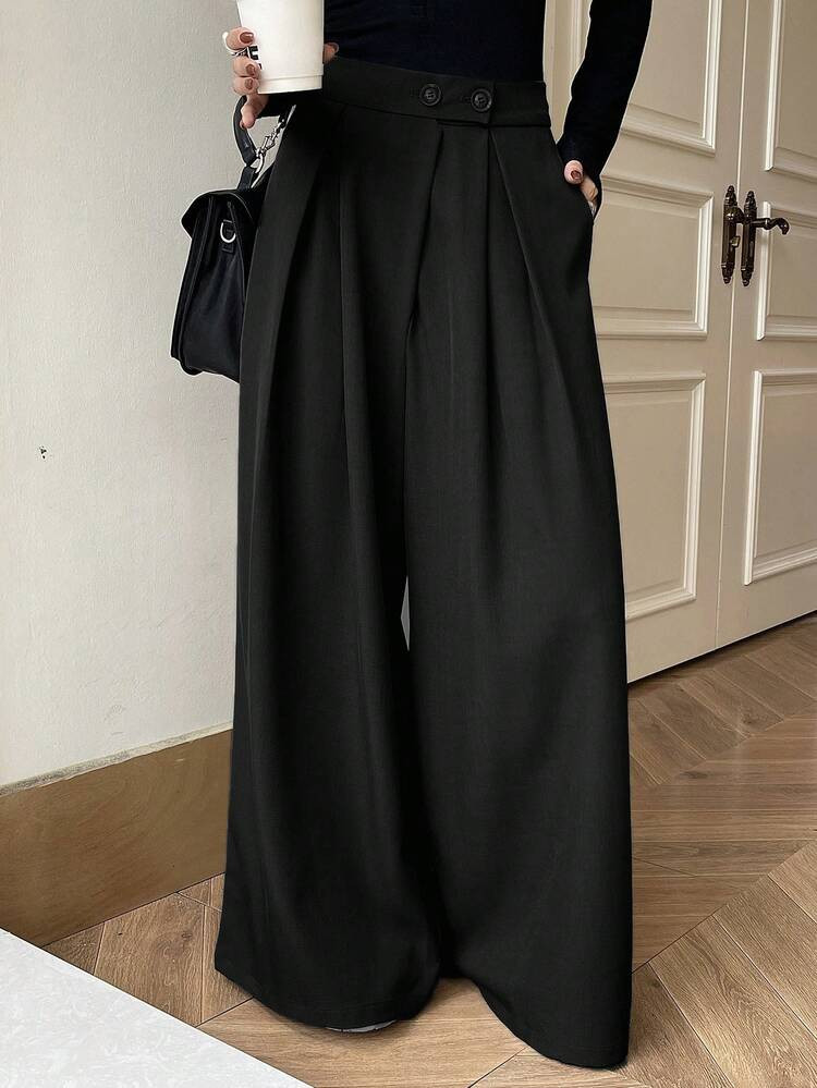 DAZY Women's Solid High Waist Wide Leg Pleated Pocket Pants Y2k | SHEIN