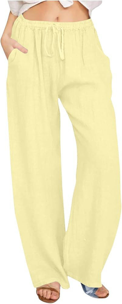 Linen Pants Women Summer Wide Leg Pants Drawstring Elastic Waist Pants High Waisted Lounge Pants ... | Amazon (US)