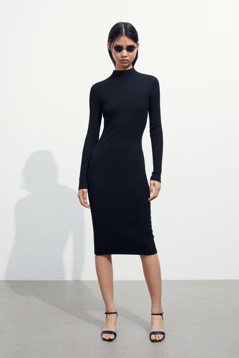 Rib-knit Mock Turtleneck Dress - Black - Ladies | H&M US | H&M (US + CA)