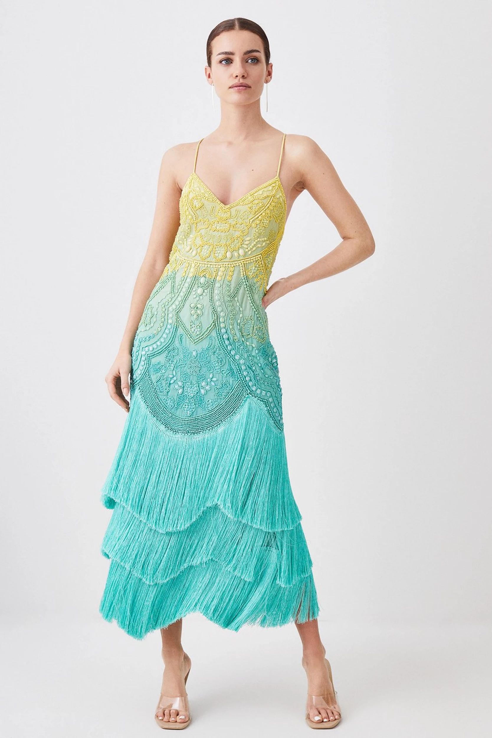 Petite Ombre Fringe Woven Midi Dress | Karen Millen US