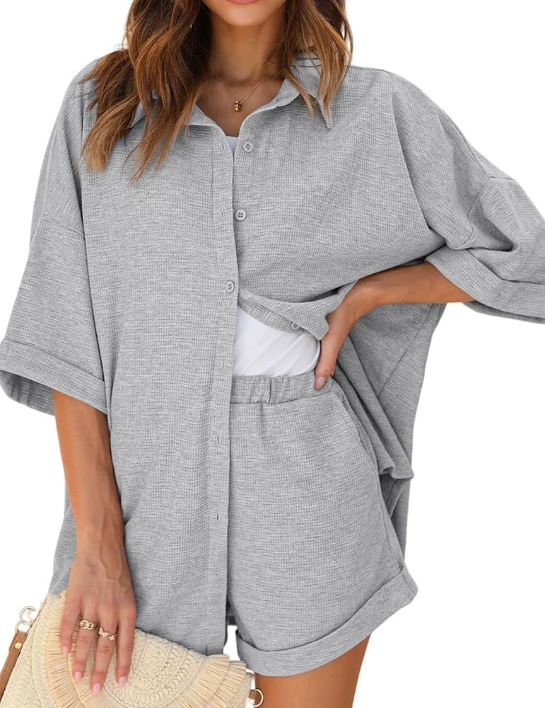 Ekouaer Waffle Knit Lounge Sets for Women Short Sleeve Pajamas Button Down Pjs Oversized Loungewe... | Amazon (US)