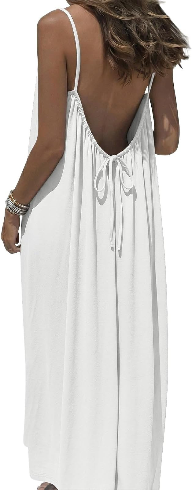 Women's Backless Cami Maxi Dress Spaghetti Strap Beach Dress Loose Vacation Sundress | Amazon (US)