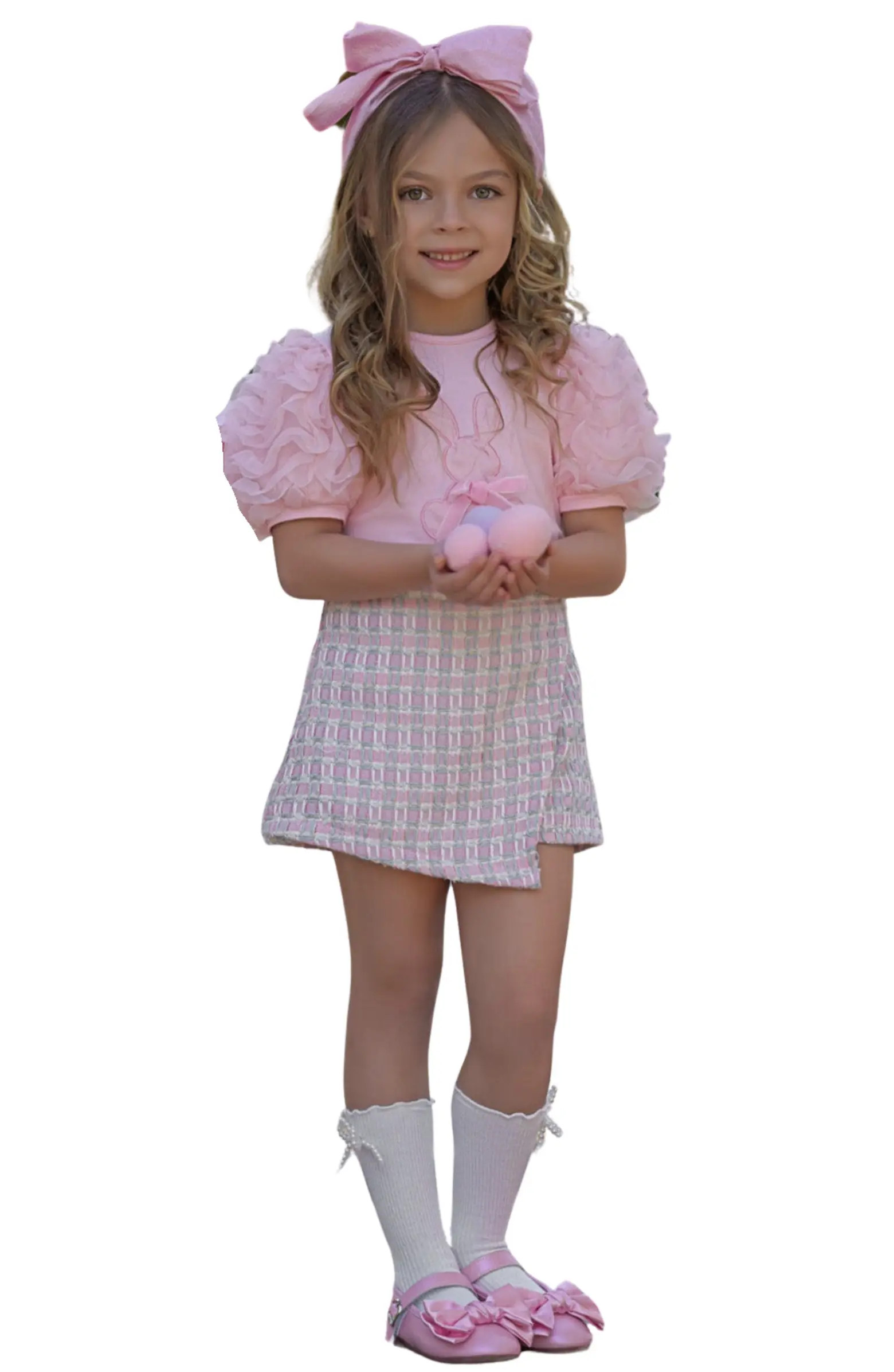Mia Belle Girls Girls  Bunny Puff Sleeve Top and Tweed Skort Set | Nordstrom | Nordstrom