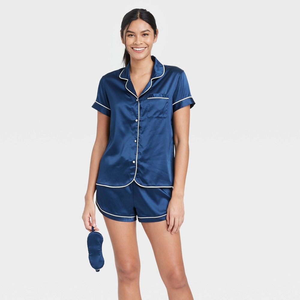 Women's 3pc Satin Notch Collar Top Pajama Set - Stars Above Navy XS, Blue | Target