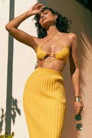 Stacey Ruched Knit Halter Top - Yellow | MESHKI US