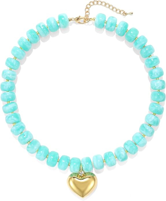 Chunky Heart Necklace for Women, Colorful Acrylic Beaded Statement Puff Heart Necklace, Cute Boho... | Amazon (US)