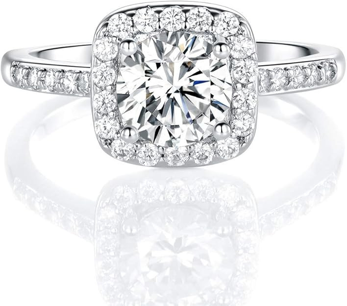 MDFUN 18K White Gold Plated Cubic Zirconia Promise Halo Engagement Promise Eternity Ring for Wome... | Amazon (US)