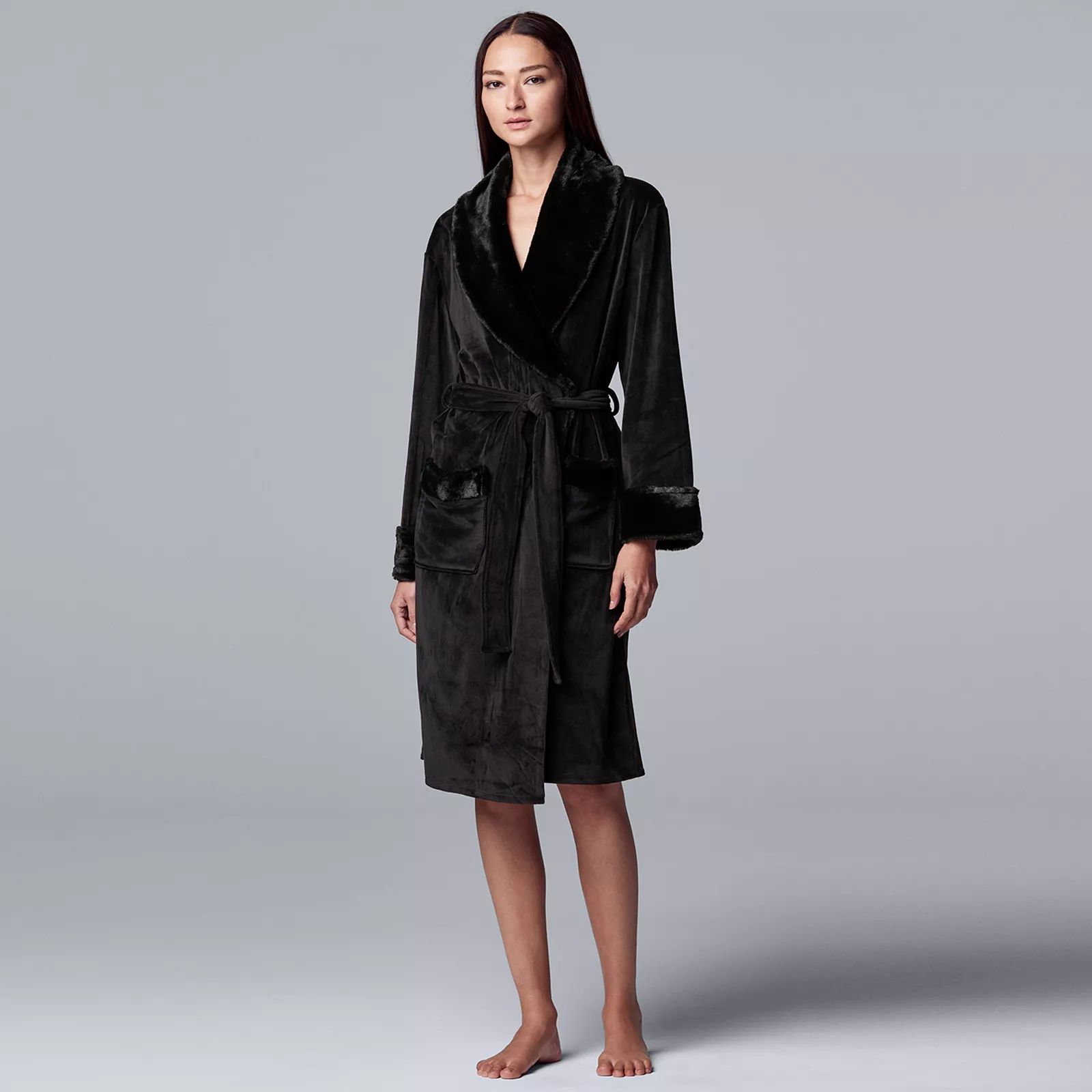 Women's Simply Vera Vera Wang Luxe Plush Wrap Robe, Size: Small, Black | Kohl's