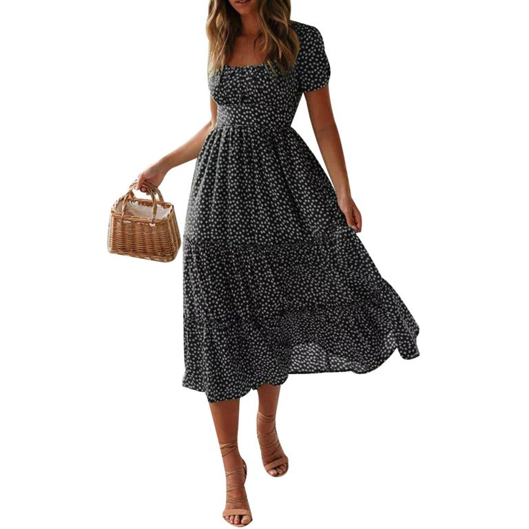 DYMADE Women Boho Floral Print Summer Short Sleeve Midi Dress | Walmart (US)