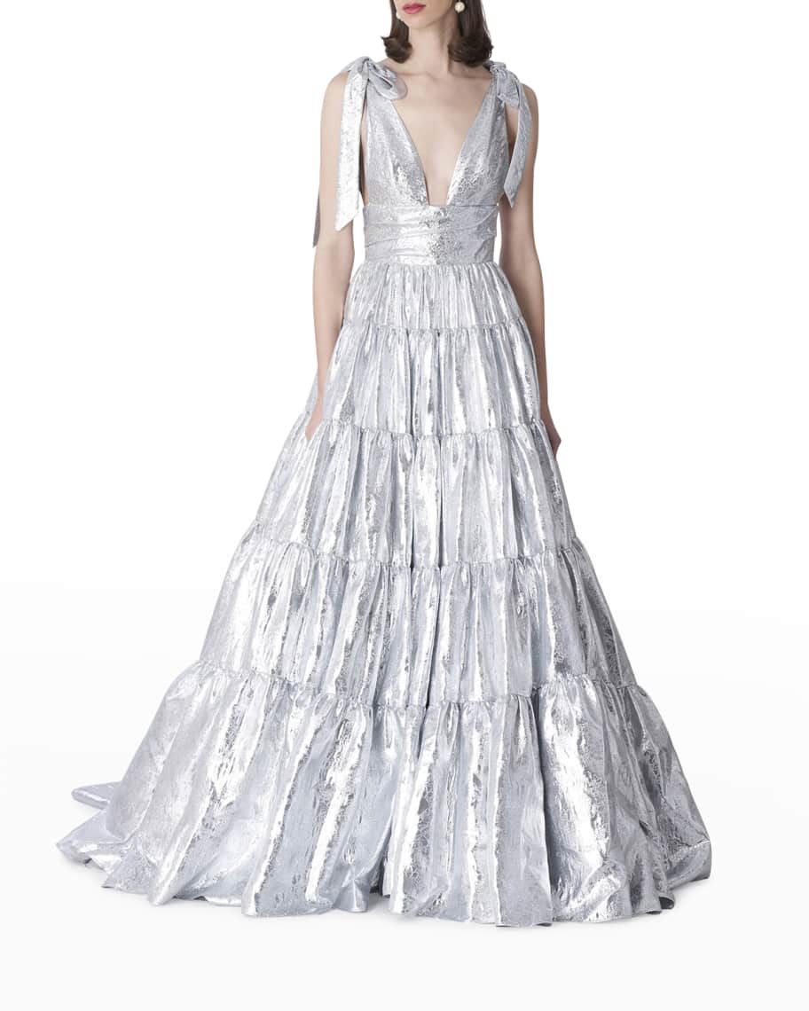 Carolina Herrera Bow-Strap Metallic Jacquard Tiered Gown | Neiman Marcus