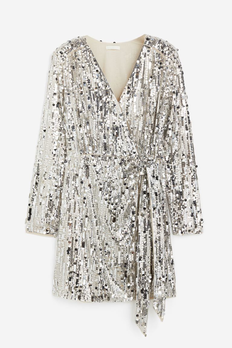 Sequined Wrap Dress - Light beige/silver-colored - Ladies | H&M US | H&M (US)