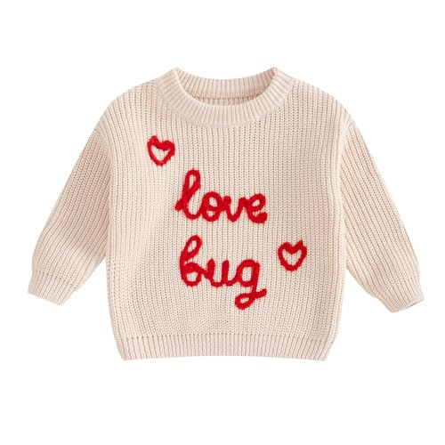 Dewadbow Toddler Kids Outfits Valentines Day Heart/Letter Embroidered Sweater Oversized Long Sleeve Knitted Sweatshirt (Love Bug, 12-18 Months) | Amazon (US)