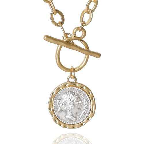AEEVA Chunky Gold Coin Necklace for Women Silver and Gold Chain Pendant Necklaces 18 Inch Antique Toggle Thick Link Fashion Jewelry Gift for Women (Worn Gold & Sliver-F) | Amazon (US)