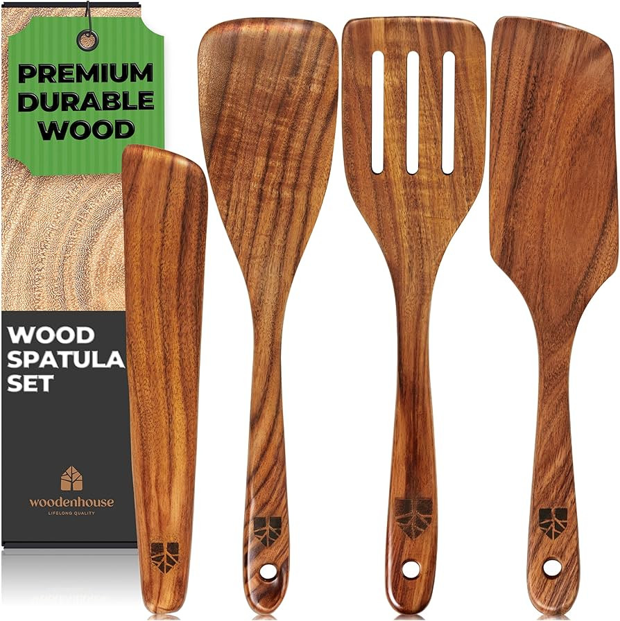 Wooden Spatula for Cooking, Teak Spatulas for Kitchen Use - Wooden Cooking Utensils Set of 4 incl... | Amazon (US)