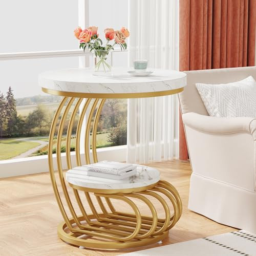 Tribesigns Gold Round End Table: 2 Tiers Faux Marble Side Table with Storage Shelf, Modern White Gold Bedside Nightstand, Metal Arc-Shaped Frame Accent Table for Living Room, Bedroom | Amazon (US)