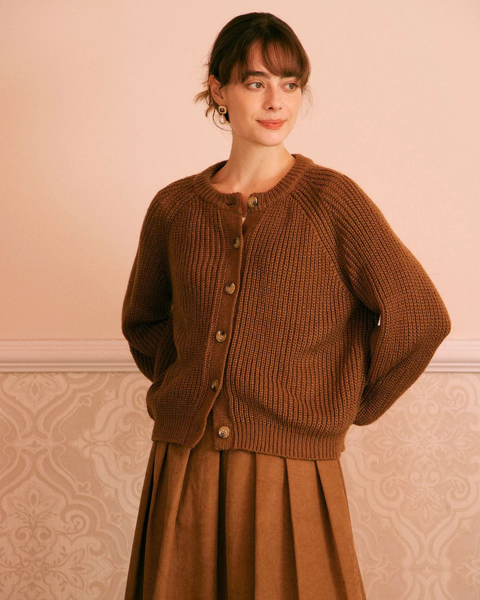The Brown Round Neck Ribbed Knit Cardigan | rihoas.com