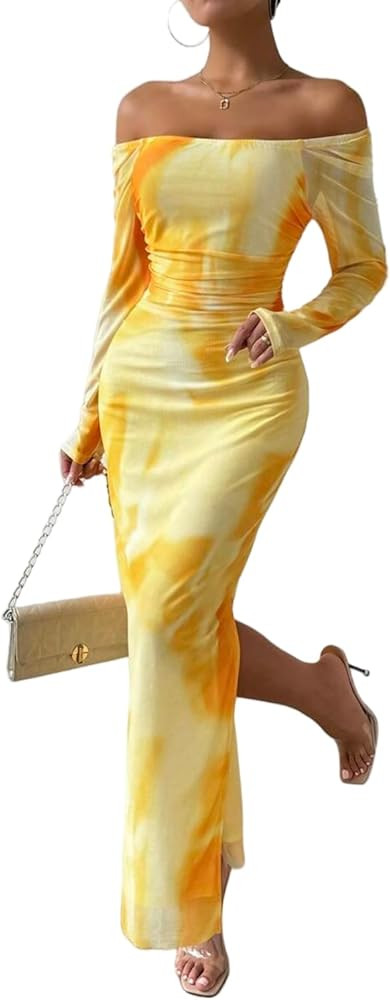 LIGHT DOT Women's Printed Off Shoulder Maxi Dress Long Sleeve Bodycon Ruched Mesh Cocktail Dress | Amazon (US)