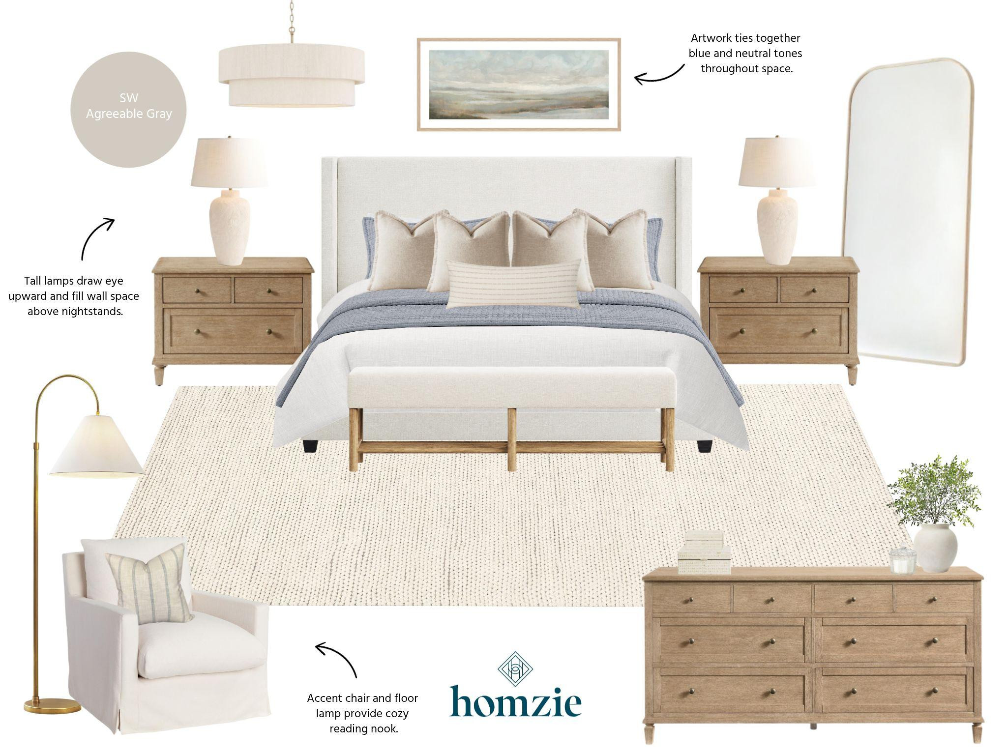 A primary bedroom designed for rest, relaxation, and timeless style. 🤍✨

Soft creams and calming blues create a peaceful retreat, while tall table lamps and a floor mirror draw the eye upward, adding height, balance, and beautiful light to the space. A cozy accent chair paired with a floor lamp creates the perfect reading nook, and thoughtfully selected artwork ties together the blue and neutral tones for a cohesive, calming feel.

Every detail is designed to create a bedroom that feels both elevated and effortlessly comfortable.

#LTKHome #PrimaryBedroom #BedroomDesign #NeutralHome #BedroomInspo #InteriorDesign #HomeDecor #TimelessStyle #LTKCreator 

 