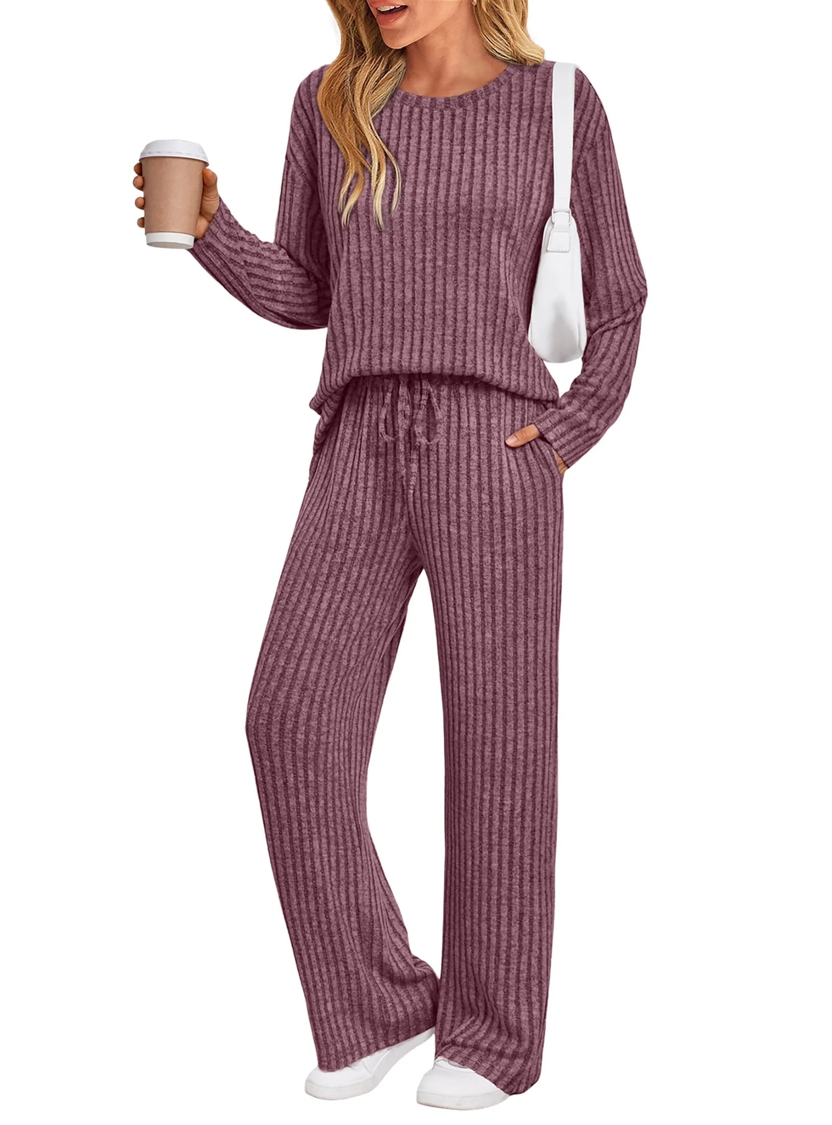 SUNBS Two Piece Lounge Sets for Women Pajamas Set Wide Leg Pants Ribbed Knit Winter Matching 2 Pi... | Walmart (US)