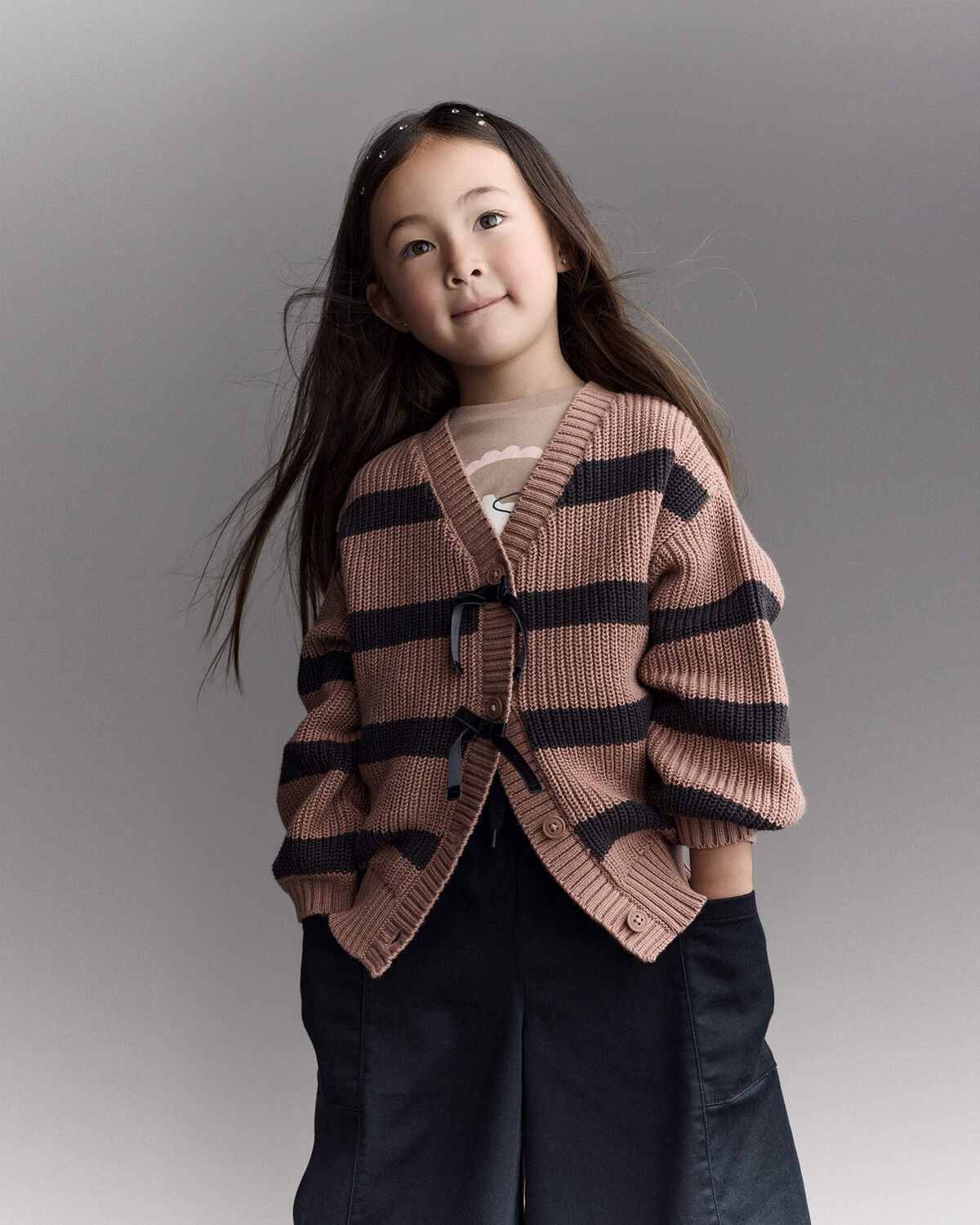 Toddler Girl Striped Puff-Sleeve Cardigan with Bows - Mocha Brown/Black | Carter's Inc