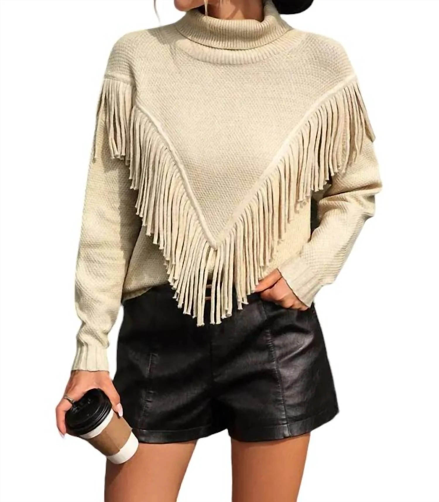 Cowgirl Fringe Turtleneck Sweater In Cream | Shop Simon