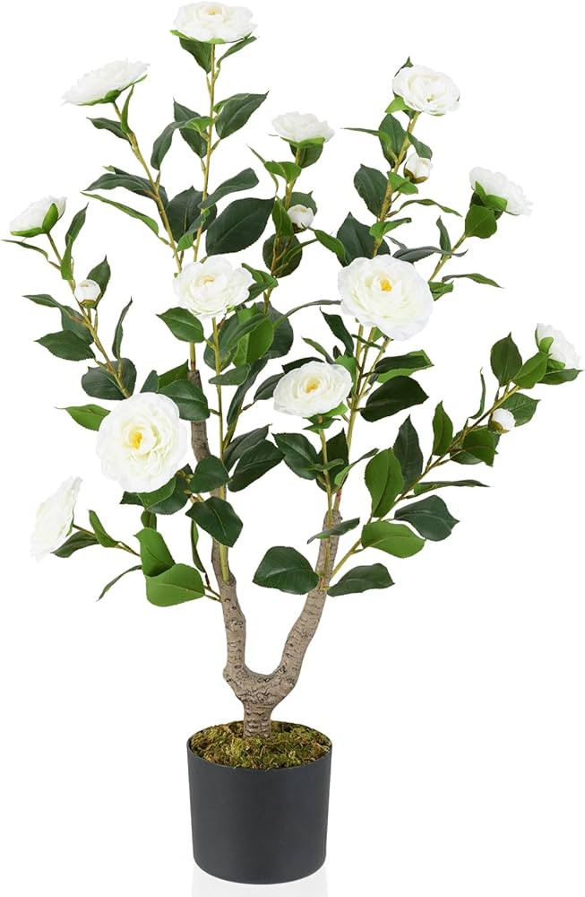 Goplus 36’’ Artificial Camellia Tree, Flower Plants Artificial Tree, Faux Floral Plant Bloomi... | Amazon (US)