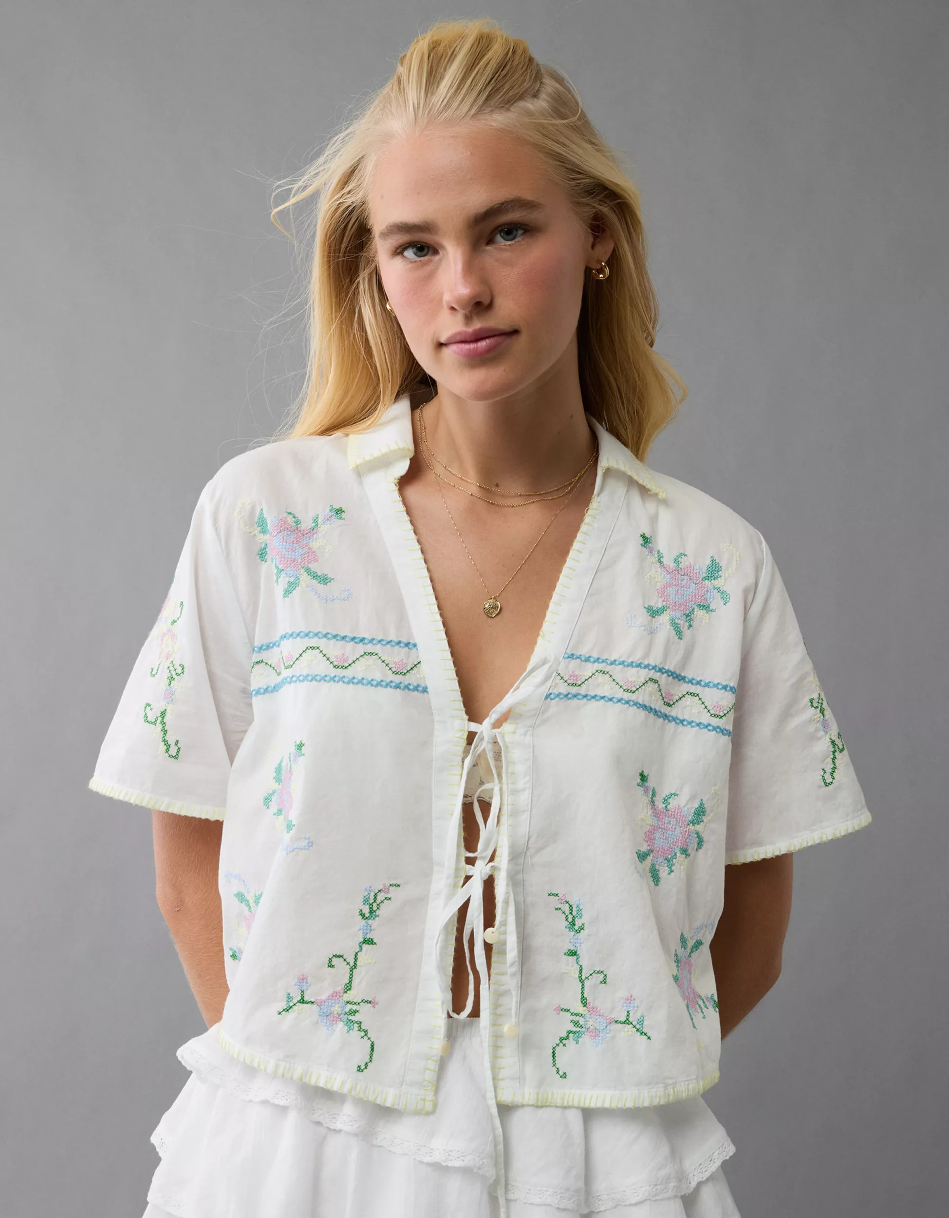 AE Collared Tie Front Embroidered Shirt | American Eagle Outfitters (US & CA)