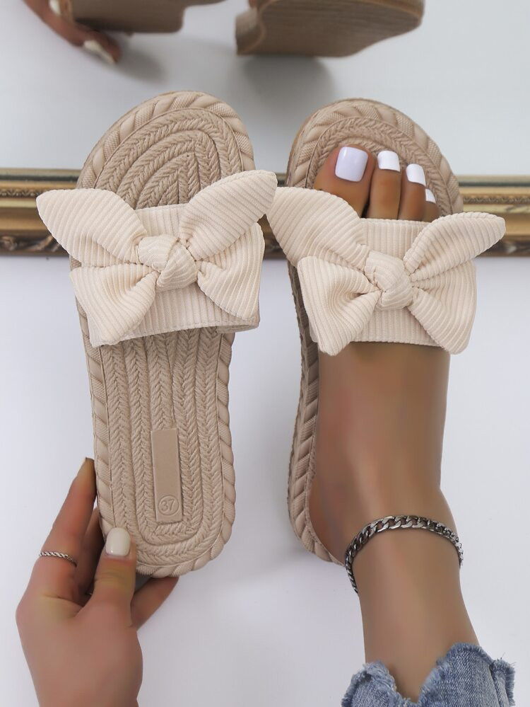 Preppy Outdoors Flat Slippers For Women, Bow Decor Fabric Open Toe Slide Sandals | SHEIN