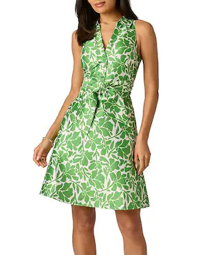 V-Neck Collared Sleeveless Tie Front Printed A-Line Dress | Dillard's