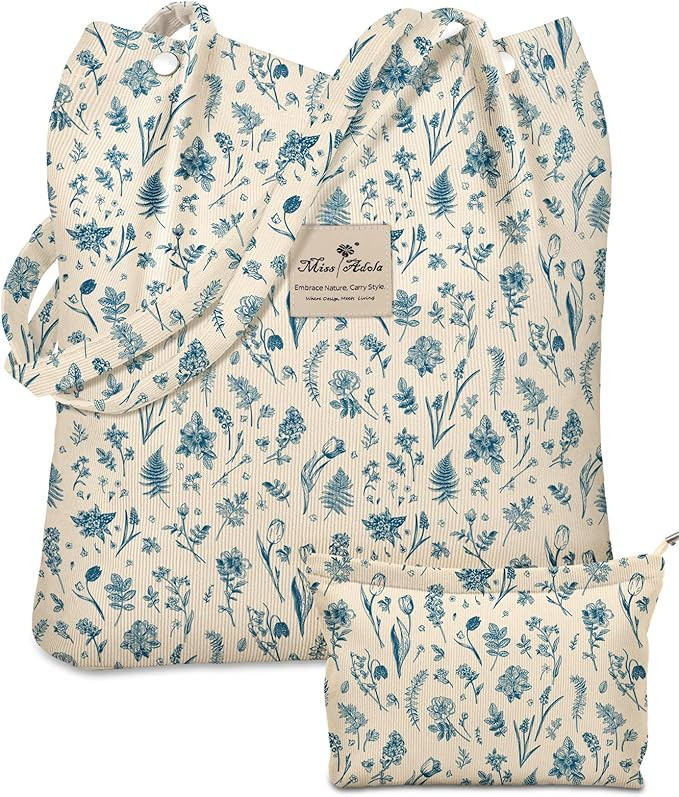 Aesthetic 2 Pack Corduroy Tote Bag - with Makeup Pouch Bag for Women Reusable Grocery Bag for Gym... | Amazon (US)