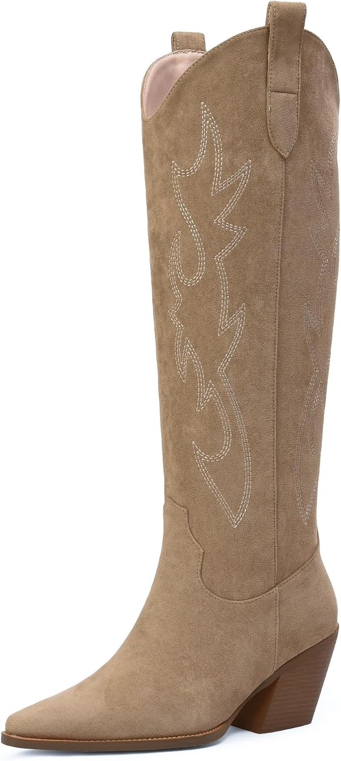 Cowgirl Boots Women Knee High Boots Pointed Toe and Block Heel Cowboy Suede and Faux Leather Boots with Embroidered | Amazon (US)
