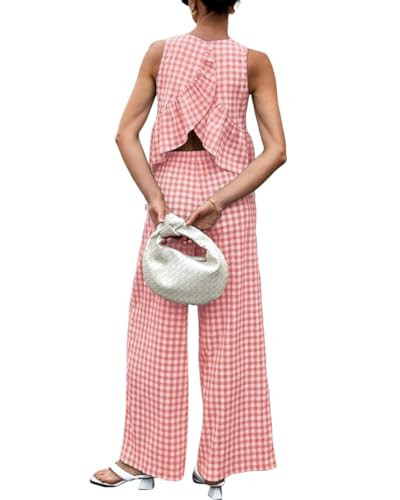 codcm Women's 2 Piece Gingham Set Summer Outfits Ruffle Tank Top and Wide Leg Pants Matching Lounge Set(Pink,X-Large) | Amazon (US)