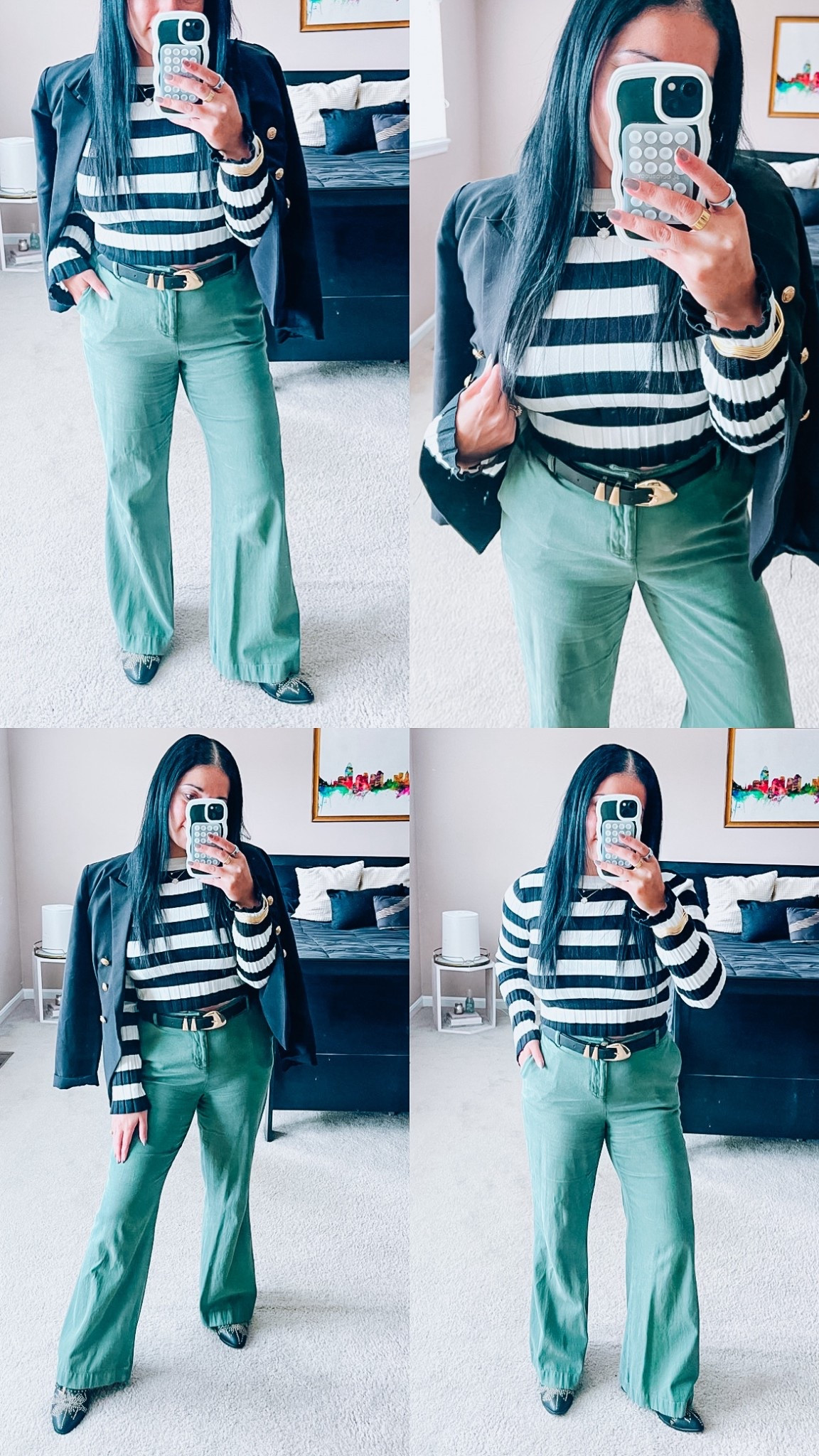 Business casual
Green Summersalt pants
Striped sweater
Black blazer
Studded boots


#LTKgrwm #LTKWorkwear #LTKootd
