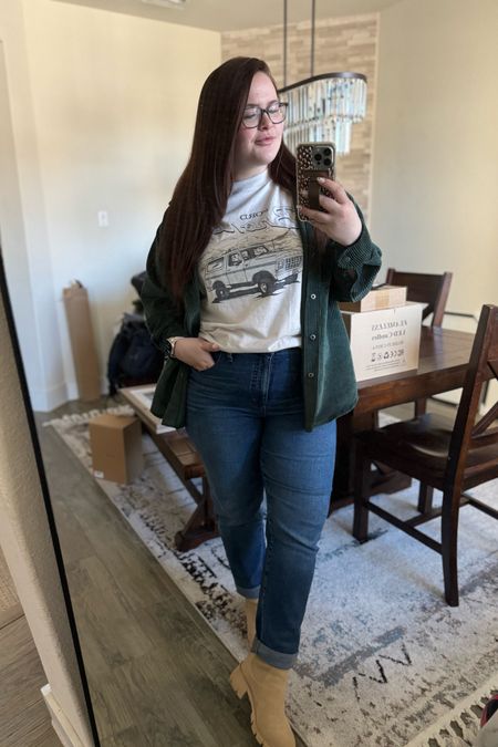 Comfy Brunch outfit with oversized shirt, corduroy shacket and boots. Everything fits TTS 

Winter outfit, Abercrombie 

#LTKstyletip #LTKSeasonal #LTKmidsize