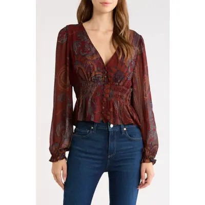PAIGE Juna Smocked Ruffle Hem Top in Garnet Multi at Nordstrom, Size Xx-Small | Nordstrom