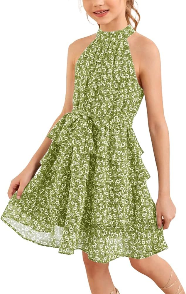 Imily Bela Girls Floral Ruffle Dress Halter Neck Kids Chiffon Summer Party Dress with Belt | Amazon (US)