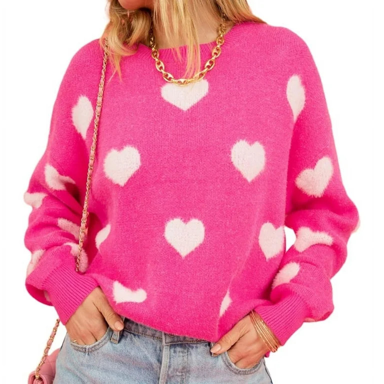 TINYSOME Women's Crewneck Sweater Valentines Heart Knitted Pullover Sweater Jumper Tops | Walmart (US)