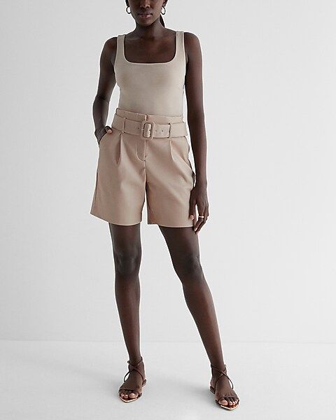 Super High Waisted Faux Leather Belted Bermuda Shorts | Express