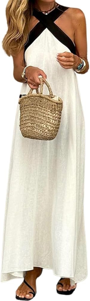 yoeasy Womens Summer Halter Neck Dress Criss Cross Sleeveless Backless Boho Flowy Swing Cotton Li... | Amazon (US)